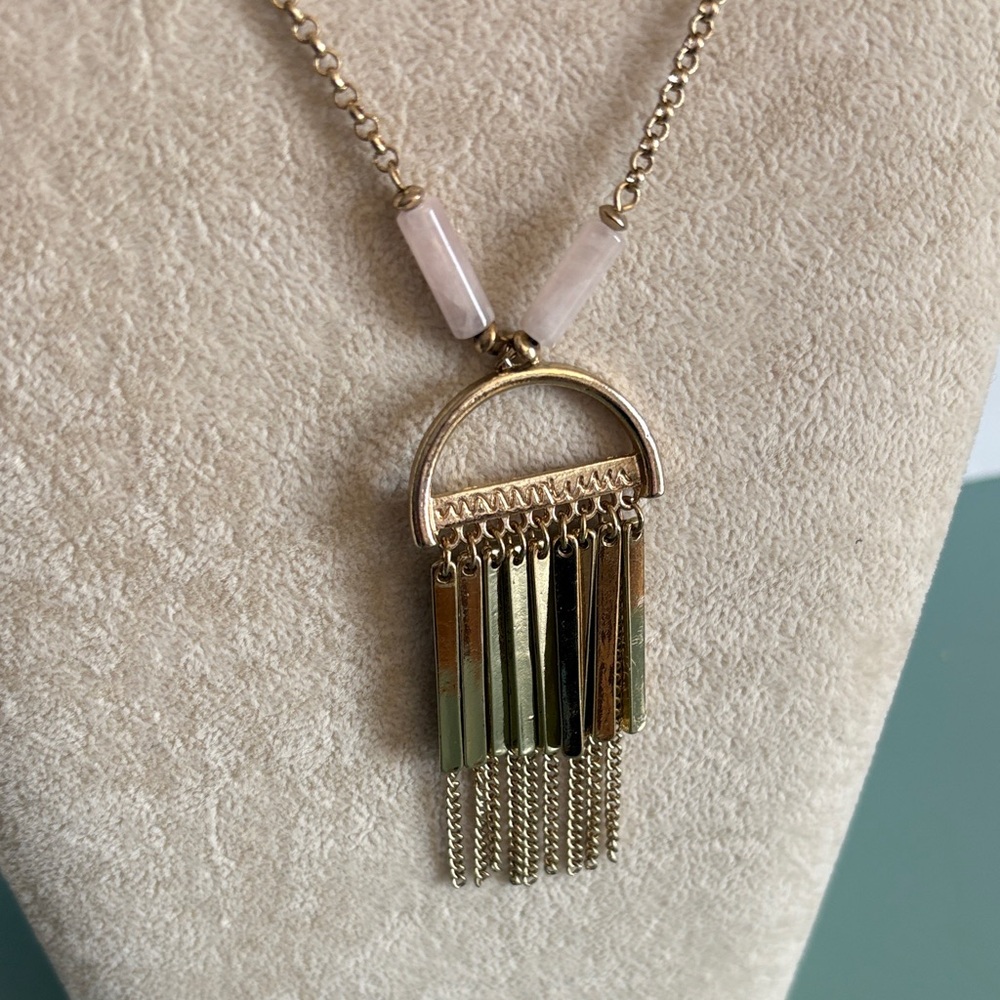 Gold-Tone Rose Quartz Stone Layered Tassel Necklace - Picture 5 of 9